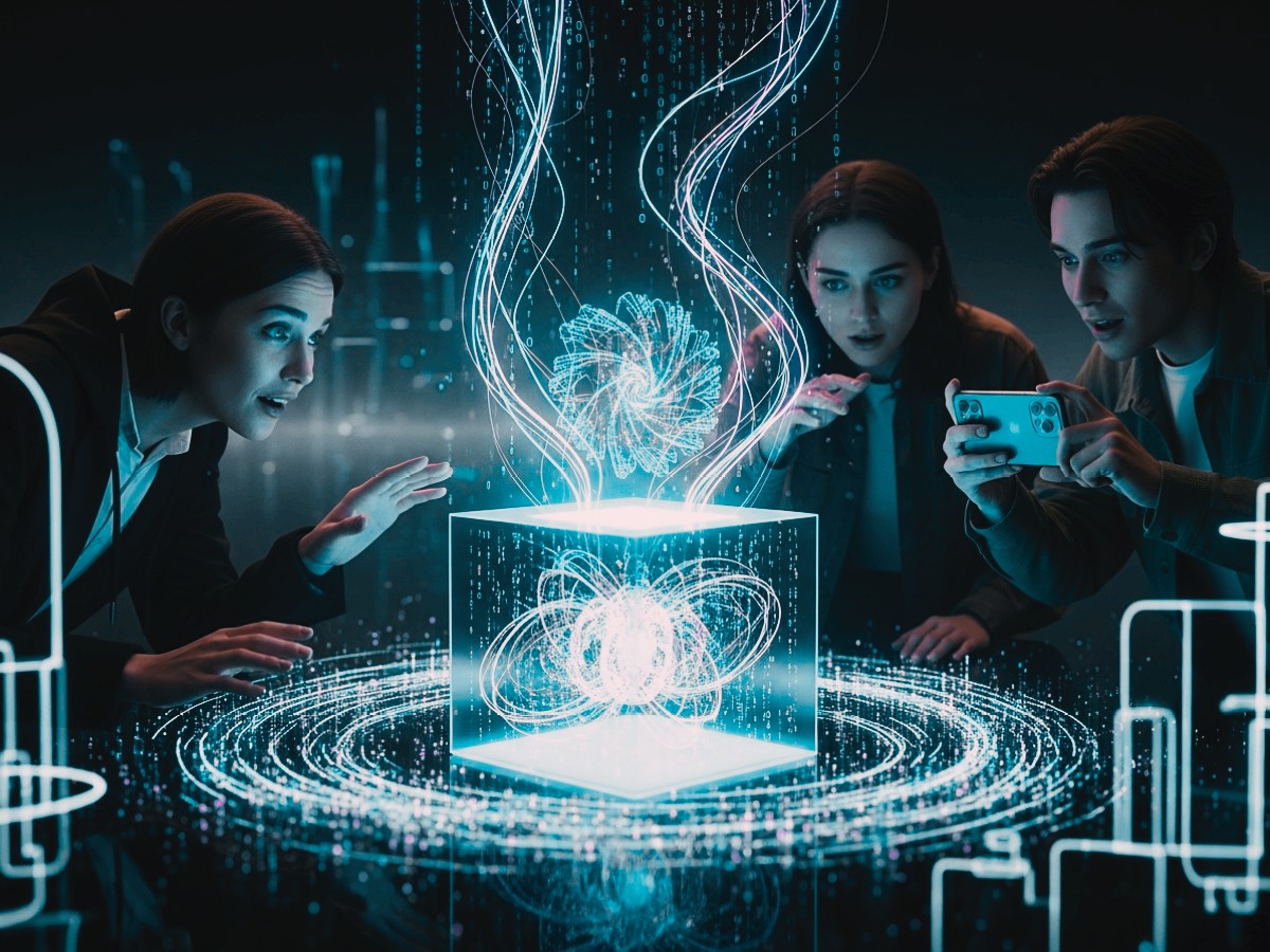 Holografische Datenanalyse – Pandora Digital im Fokus Drei Personen analysieren holografische Datenvisualisierung – Symbolbild für digitale Nachrichtenplattform Pandora